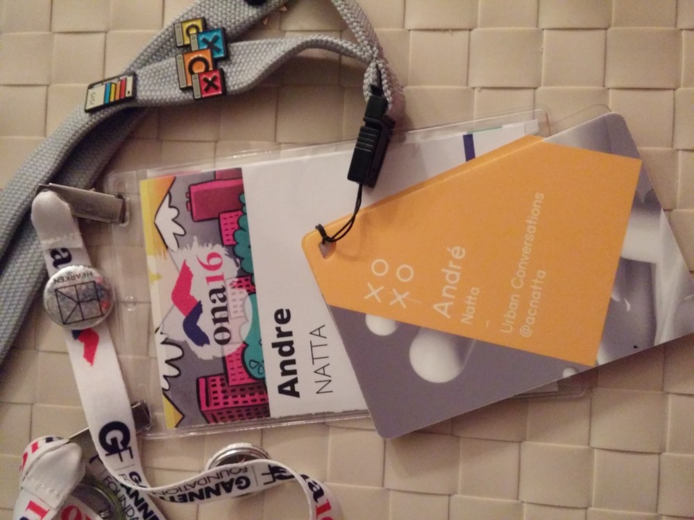 My attendee badges for ONA16 and XOXO.
